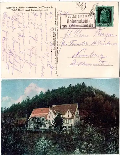 Bayern 1913, R3 Posthilfstelle HOHENSTEIN Taxe Kirchensittenbach auf Farb-AK. 