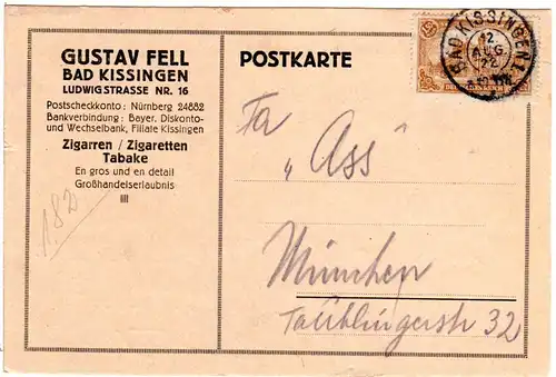 DR 1922, EF 1,50 Mk. auf Zigaretten/Zigarren Firmenkarte v. Bad Kissingen