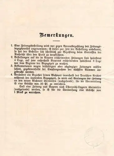 Bayern 1916, Postformular Zeitungsbestellungsquittung m. Stempel Kulmbach 1b