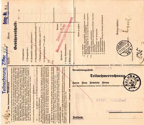 DR 1929, Postformular Telefongebühren m. 2 versch. Kulmbach Stempeln
