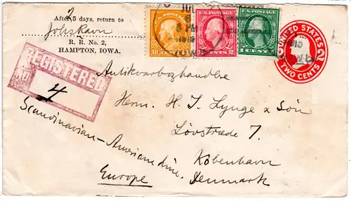 USA 1915, 1+2+10 C. Zusatzfr. auf eingeschr. 2 C. Ganzsache Brief v. Hampton