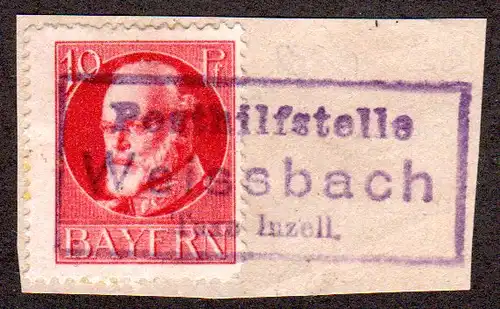 Bayern, R3 Posthilfstelle WEISSBACH Taxe Inzell (Typ 2) auf Briefstück m. 10 Pf.