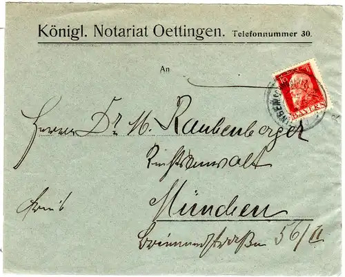 Bayern 1912, Reservestpl. OETTINGEN (SCHWABEN)1 R auf Brief m. 10 Pf.