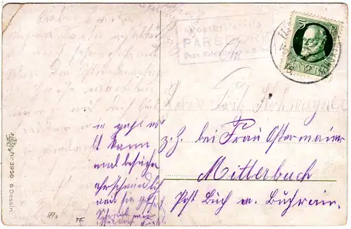 Bayern 1915, Posthilfstelle PARSDORF Taxe Feldkirchen auf AK m. 5 Pf.