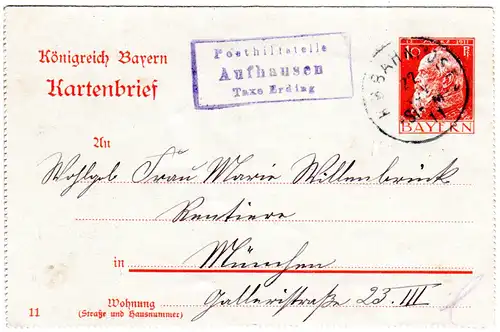 Bayern 1911, Posthilfstelle AUFHAUSEN Taxe Erding auf 10 Pf. Kartenbrief 
