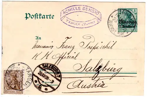 DP Marokko 1908, 5 C./5 Pf. Ganzsache m. Rauten-WZ v. Tanger n. Österreich