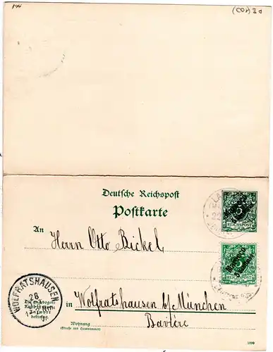 DP Marokko 1900, 5 C./5 Pf. Doppelkarte m. 5 C. Zusatzfr. v. Larasch n. Bayern