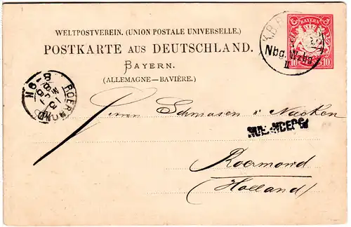 Bayern 1885, Stations-Stpl. L1 NUERNBERG auf Ganzsache m. Bahnpost Nbg.- Wzbg.II