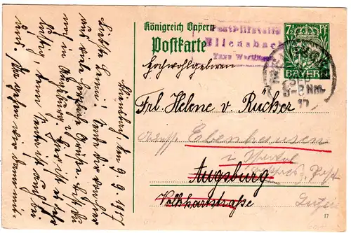 Bayern 1917, Posthilfstelle BLIENSBACH Taxe Wertingen auf 5 Pf. Ganzsache 