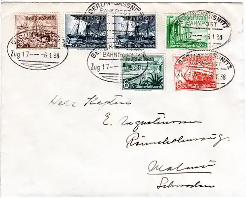 DR 1938, 6 Werte WHW auf Brief n. Schweden m. Bahnpoststpl Berlin-Sassnitz Z17