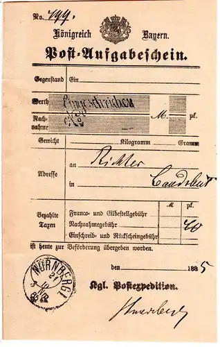 Bayern, Eingeschrieben No., Nürnberg Schreibschrift Versuchsstpl. auf Postschein