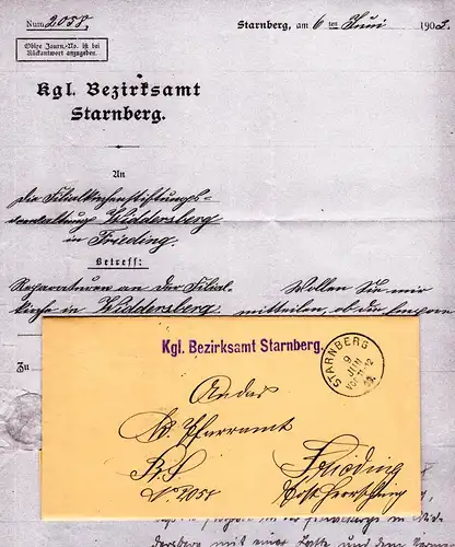 Bayern 1903, K1 STARNBERG auf Amtsbrief bzgl. Reparation d. Kirche Widdersberg