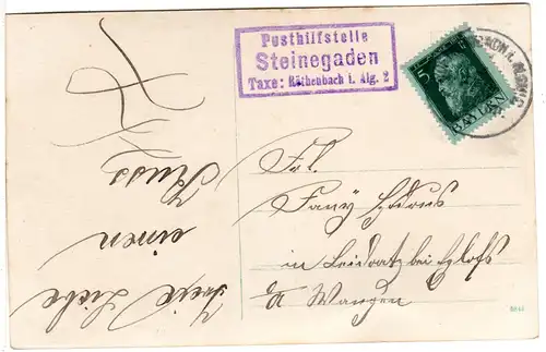 Bayern 1913, Posthilfstelle STEINEGADEN Taxe Röthenbach auf Karte m. 5 Pf.