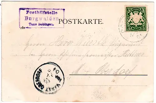Bayern 1901, Posthilfstelle BURGWALDEN Taxe Bobingen auf Karte m. 5 Pf.
