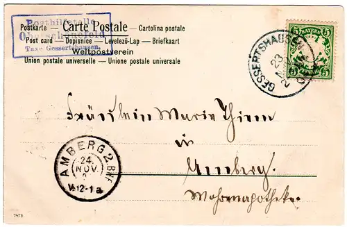 Bayern 1904, Posthilfstelle OBERSCHÖNEFELD Taxe Gessertshausen auf Karte m. 5 Pf