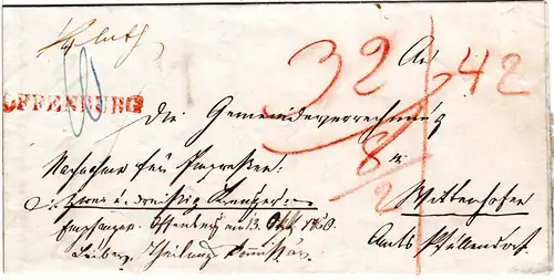Baden 1850, roter L1 OFFENBURG auf Nachnahme Brief m. Botenlohn.