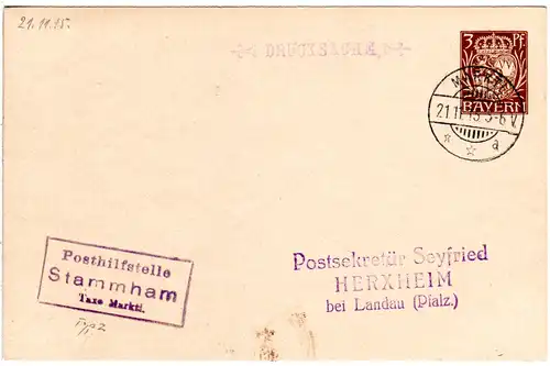 Bayern 1915, Posthilfstelle STAMMHAM Taxe Marktl auf 3 Pf. Privatganzsache