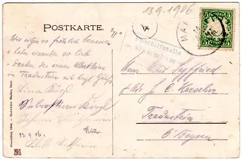 Bayern 1906, Posthilfstelle STAMMHAM Taxe Marktl (Type 1) auf Karte m. 5 Pf.