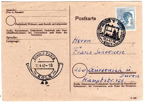 1947, BDPh Landesverbandstagung NRW, Köln Sonderstempel auf Karte m. 12 Pf.