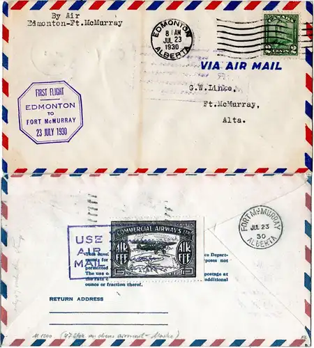 Kanada 1930, 2 C. u. rs. Air Fee Marke auf Edmonton-Fort McMurray Erstflug Brief