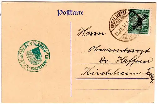 DR 1924, 5 Pf. Dienst auf Karte m. grünem Wappenstpl. Ev. Volksschule Holzmaden