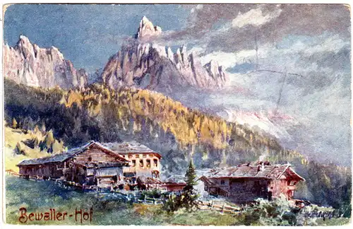 Bewaller-Hof b. Eggen Südtirol mit Bergen, 1919 v. gebr. Künstler Farb-AK