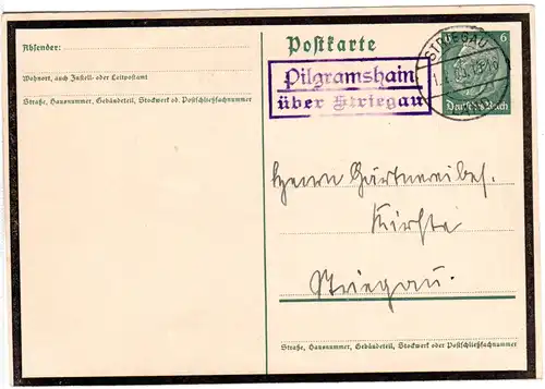 DR 1935, Landpost Stpl. PILGRAMSHAIN über Striegau auf 6 Pf. Trauer-Ganzsache.