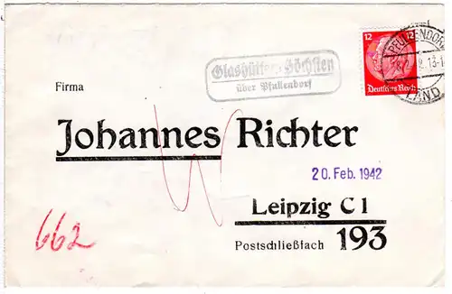 DR 1942, Landpost Stpl. GLASHÜTTEN-HÖCHSTEN über Pfullendorf auf Brief m. 12 Pf.