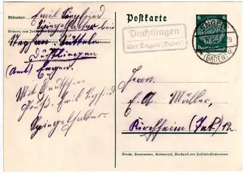 DR 1935, Landpost Stpl. DUCHTLINGEN über Engen auf 6 Pf. Ganzsache.
