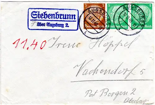DR 1940, Landpost Stpl. SIEBENBRUNN über Augsburg 2 auf Brief m. 3 Marken.