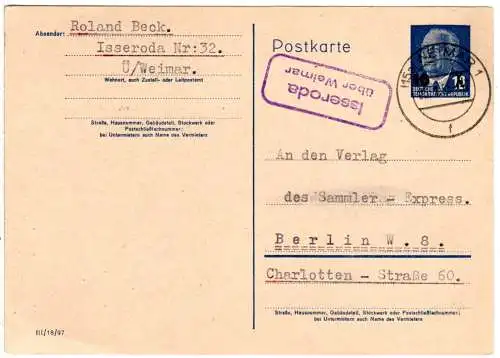 DDR 1955, Landpost Stpl ISSERODA über Weimar auf 12 Pf. Ganzsache