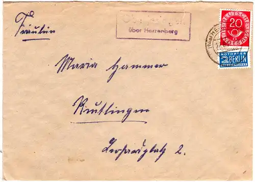 BRD 1952, Landpoststempel OBERJESINGEN über Herrenberg auf Brief m. 20 Pf.