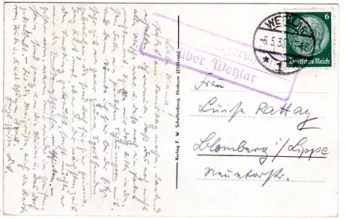 DR 1935, Landpost Stpl. (Waldhof)-ELGERSHAUSEN über Wetzlar auf Karte m. 6 Pf. 