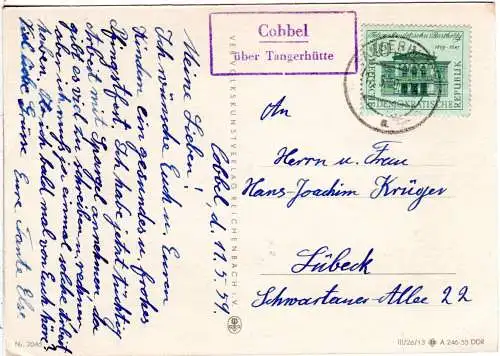 DDR 1959, Landpost Stpl. COBBEL über Tangerhütte auf Karte m. 10 Pf.