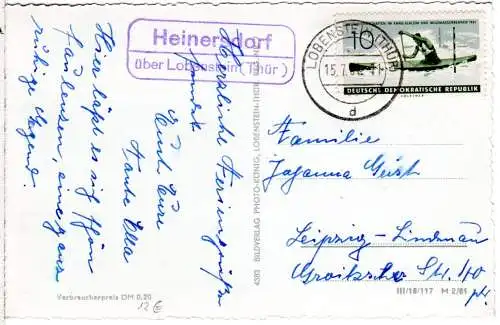DDR 1961, Landpost Stpl. HEINERSDORF über Lobenstein auf Karte m. 10 Pf.