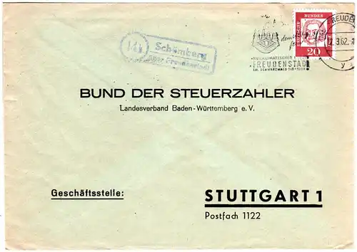 BRD 1962, Landpoststempel 14b SCHÖMBERG über Freudenstadt auf Brief m. 20 Pf. 