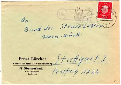 BRD 1961, Landpoststempel OBERMUSBACH über Freudenstadt auf Firmen Brief 