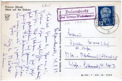 DDR 1953, Landpost Stpl DOLGENBRODT über Königs Wustershausen auf Karte m. 12 Pf
