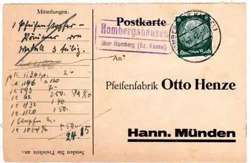 DR 1942, Landpoststpl. HOMBERGSHAUSEN über Homberg auf Firmen Karte m. 6 Pf. 