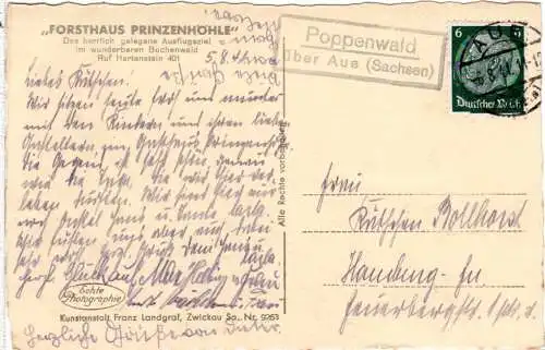DR 1941, Landpoststpl. POPPENWALD über Aue auf Karte m. 6 Pf. 