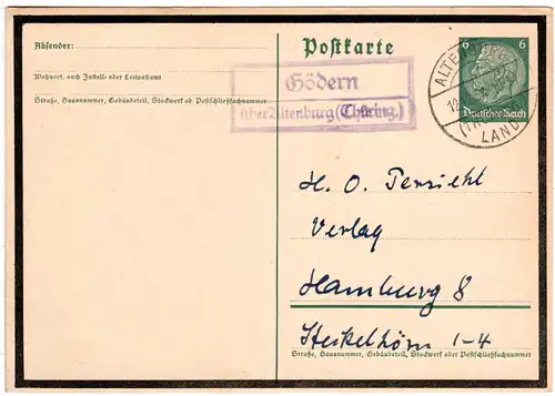 DR 1934, Landpost Stpl. SÖDERN über Altenburg klar auf 6 Pf. Trauer-Ganzsache.