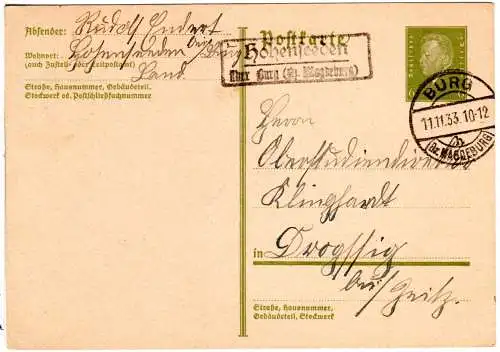 DR 1933, Landpoststpl. HOHENSEEDEN über Burg auf 6 Pf. Ganzsache