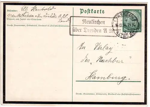 DR 1934, Landpost Stpl. NEUKIRCHEN über Dresden A 28 auf 6 Pf. Trauer-Ganzsache.