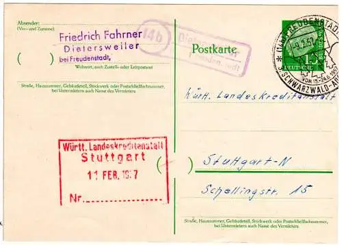 BRD 1957, Landpoststempel 14b DIETERSWEILER über Freudenstadt auf Ganzsache.