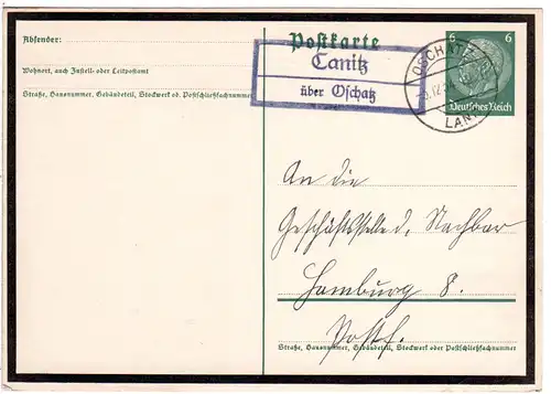 DR 1934, Landpost Stpl. CANITZ über Oschatz klar auf 6 Pf. Trauer-Ganzsache.