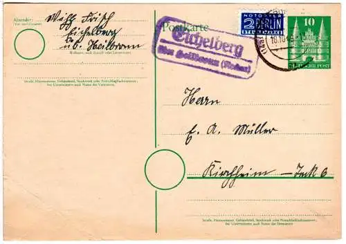 1949, Landpoststempel EICHELBERG über Heibronn auf 10 Pf. Ganzsache.