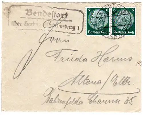 DR 1935, Landpost Stpl. BENDESTORF über Harburg-Wilhelmsburg auf Brief m. 2x6 Pf