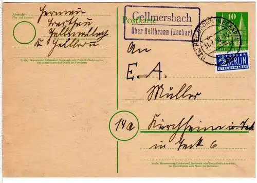 1950, Landpoststempel GELLMERSBACH über Heilbronn auf 10 Pf. Ganzsache.