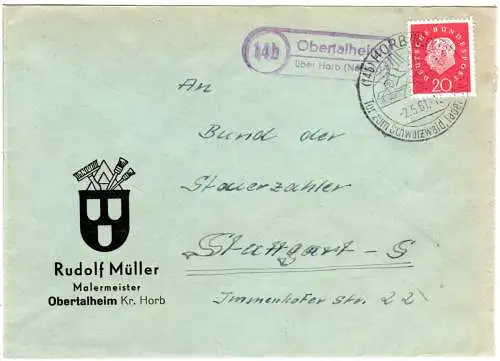 BRD 1961, Landpoststempel OBERTHALHEIM über Horb auf Fimen Brief m. 20 Pf.