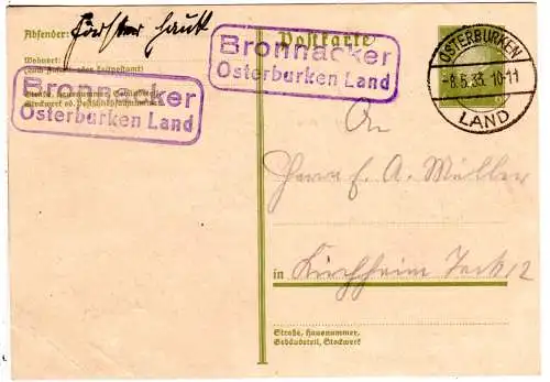 DR 1933, Landpost Stpl. BRONNACKER Osterburken Land 2mal auf 6 Pf. Ganzsache